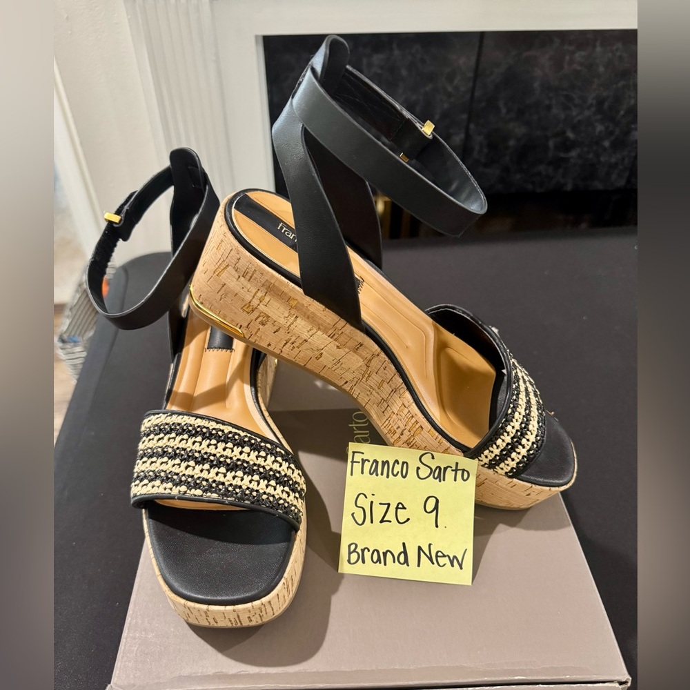 Women’s Franco Sarto Tan and Black Wedge Sandals with Braided Detail- Size 9